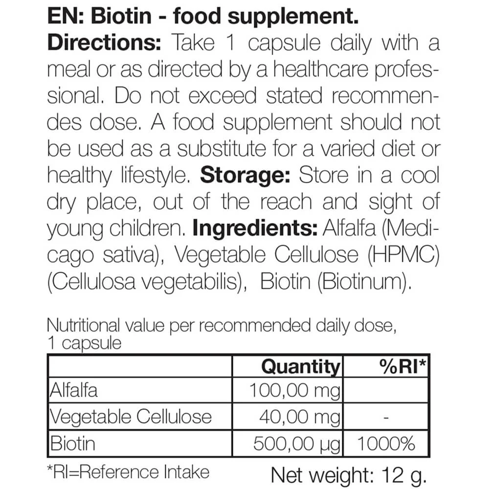 Biotin 500 µg – Daily Vitamin B7 Supplement – 90 Count — Biotin 500 µg with Vitamin B7 – 90 tablets for daily use to help maintain hair, skin, and mucous membranes. Key: biotin, alfalfa, cellulose. - Image 6